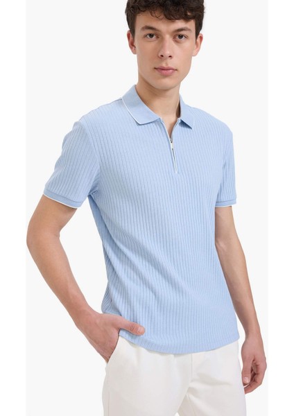 Slim Fit Dar Kesim Kısa Kollu Fitilli Kaşkorse Yarım Fermuarlı Polo Tişört D3948AX25SM