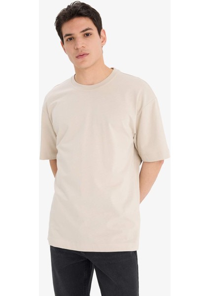 Oversize Geniş Kalıp Bisiklet Yaka Basic Düz Kısa Kollu Tişört E6885AXNS