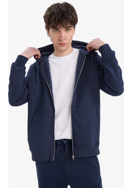 Comfort Fit Kapüşonlu İçi Yumuşak Tüylü Basic Düz Kalın Fermuarlı Sweatshirt D7599AX25SP
