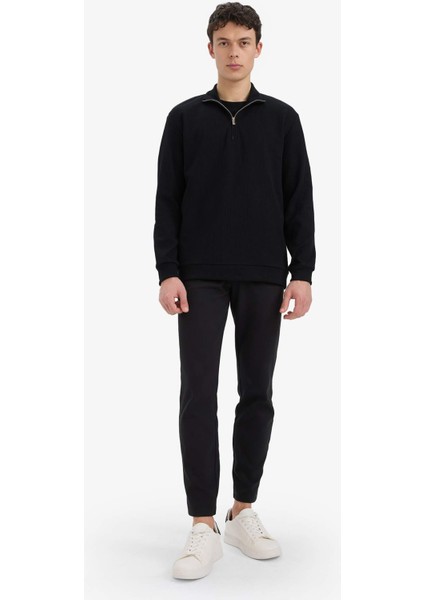 Comfort Fit Dik Yaka Yarım Fermuarlı Waffle Sweatshirt D7543AX25SP