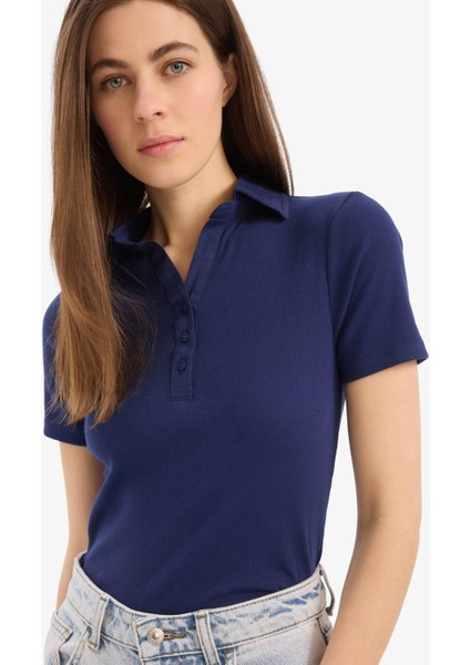 Slim Fit Dar Kesim Polo Yaka Fitilli Kaşkorse Kısa Kollu Tişört C6249AX25SP