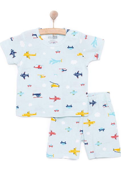 Erkek Kısa Kol Uçak Desenli Bisiklet Yaka Pijama Takımı