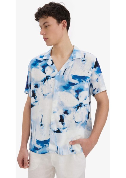 Modern Fit Polo Yaka Desenli Keten Görünümlü Yazlık Kısa Kollu Gömlek E1206AX25SM modelleri