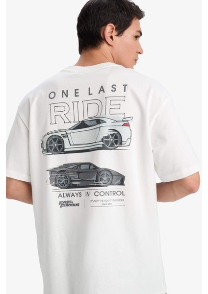 %100 Pamuk Fast & Furious Boxy Fit Bisiklet Yaka Sırt Baskılı Kısa Kollu Tişört E0620AX25SM