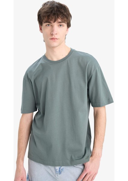 Oversize Geniş Kalıp Bisiklet Yaka Basic Düz Kısa Kollu Tişört E6885AXNS