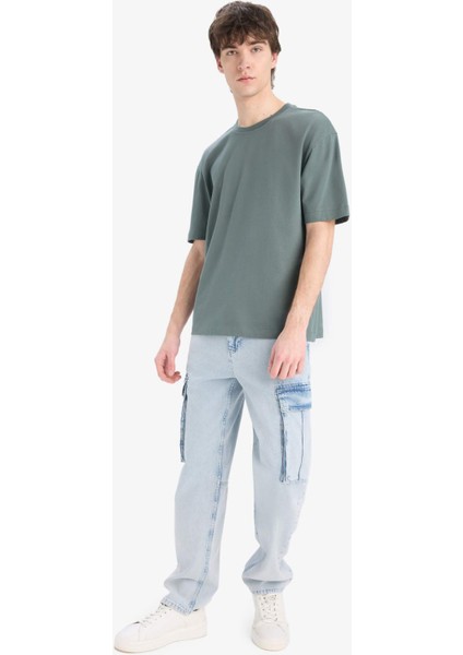 Oversize Geniş Kalıp Bisiklet Yaka Basic Düz Kısa Kollu Tişört E6885AXNS