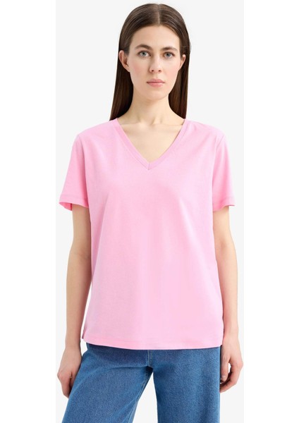 Regular Fit V Yaka Basic Düz Penye Kısa Kollu Pembe Tişört W9578AZ25SP