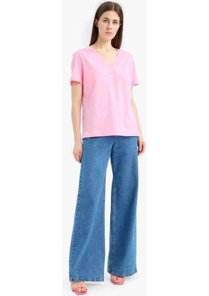 Regular Fit V Yaka Basic Düz Penye Kısa Kollu Pembe Tişört W9578AZ25SP