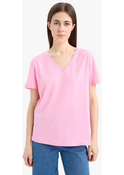 Regular Fit V Yaka Basic Düz Penye Kısa Kollu Pembe Tişört W9578AZ25SP