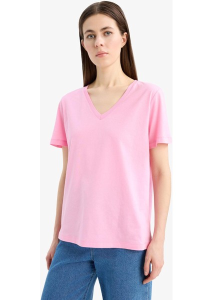 Regular Fit V Yaka Basic Düz Penye Kısa Kollu Pembe Tişört W9578AZ25SP