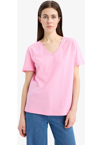 Regular Fit V Yaka Basic Düz Penye Kısa Kollu Pembe Tişört W9578AZ25SP