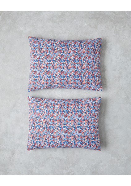 Flower Blast Kolay Ütülenir 2'li Yastık Kılıfı 50X70 cm Kırmızı - Mavi