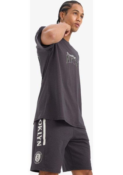 Defactofit Nba Brooklyn Nets Oversize Geniş Kalıp Bisiklet Yaka Sırt Baskılı Kısa Kollu TIŞÖRT E2183AX25SM
