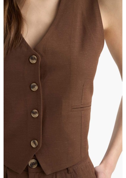V Yaka Keten Karışımlı Blazer Yelek E6209AX25SP