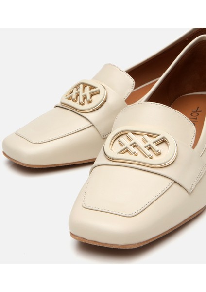 01ayh304000a400 Kadın Deri Ekru Tokalı Kalın Topuklu Klasik Loafer