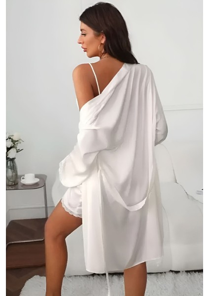 Beyaz Saten Kuşaklı Dantel Detaylı 2'li Gecelik Takımı modelleri