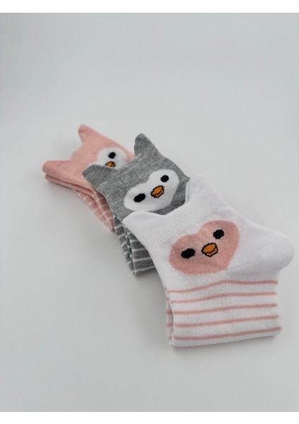 Pamuklu Kadın Kısa Çorap. 3'lü Kulaklı Penguen Desenli Patik Çorap Seti. Yumuşak, Terletmez ve Dikişsiz.
