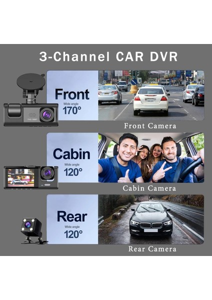 3 Kanal Araba Dvr Kamera, 1080P Araç Kamerası Ir Gece Görüşlü 3 Yollu Araç Kamerası, Döngü Kayıt, Park Monitörü (Yurt Dışından)
