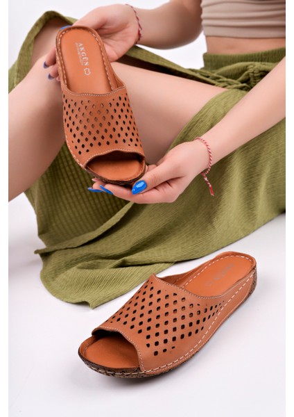 Kadın Hakiki Deri Taba Yumuşak Taban Terlik