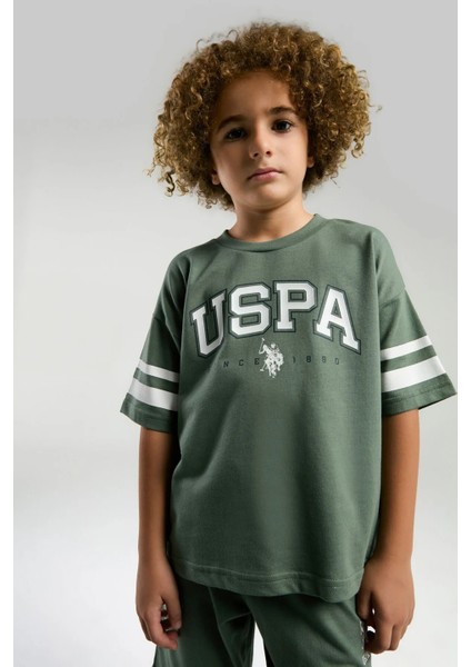 US2022 Koyu Yeşil Pamuklu Erkek Çocuk Kısa Kollu Bermuda Takım