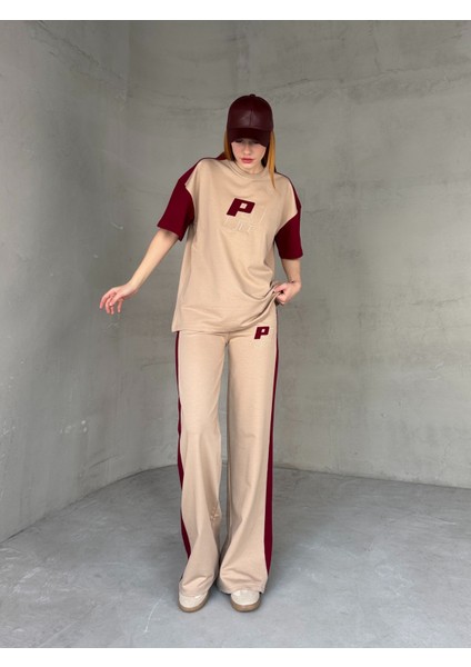 TKM-03654 Bej Bordo P Nakışlı Bisiklet Yaka Tshirt Bel Lastikli Palazzo Alt Ikili Takım