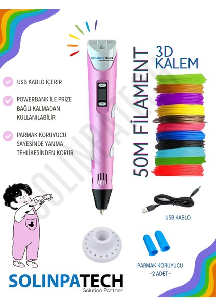 Pembe 3D Pen Üç Boyutlu Yazıcı Kalem 5 Metre 10 Adet Filament (50 Metre)