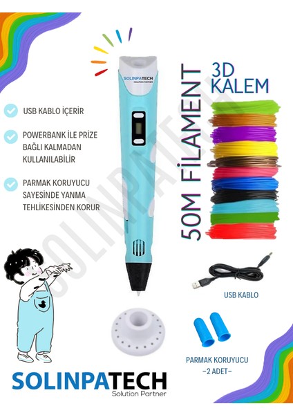 Mavi 3D Pen Üç Boyutlu Yazıcı Kalem 5 Metre 10 Adet Filament ve USB Kablo ile Birlikte (50 Metre)