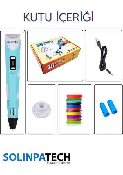 Mavi 3D Pen Üç Boyutlu Yazıcı Kalem 5 Metre 10 Adet Filament ve USB Kablo ile Birlikte (50 Metre)