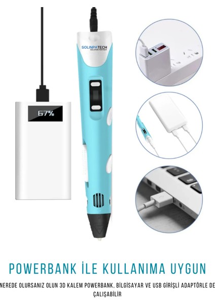 Mavi 3D Pen Üç Boyutlu Yazıcı Kalem 5 Metre 10 Adet Filament ve USB Kablo ile Birlikte (50 Metre)