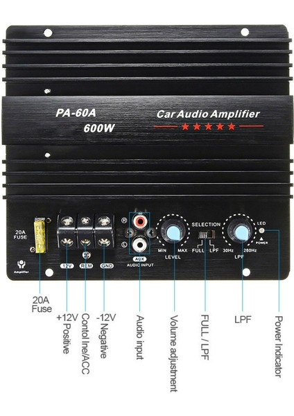 12V 600W Araba Amplifikatörü Kurulu PA-60A Subwoofer Devre Modülü Araba Güç Amplifikatörü, Siyah (Yurt Dışından)