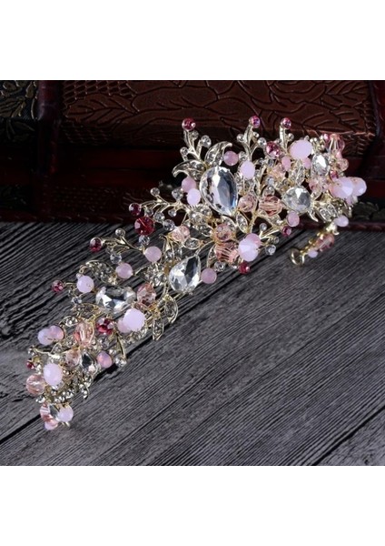Pembe Taç Yeni Pembe Gelin Taçları El Yapımı Taç Gelin Bandı Kristal Düğün Diadem Kraliçe Taç Küpeler Ile Düğün Saç Aksesuarları (Yurt Dışından)