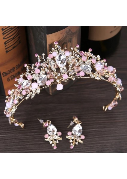 Pembe Taç Yeni Pembe Gelin Taçları El Yapımı Taç Gelin Bandı Kristal Düğün Diadem Kraliçe Taç Küpeler Ile Düğün Saç Aksesuarları (Yurt Dışından) fırsatları