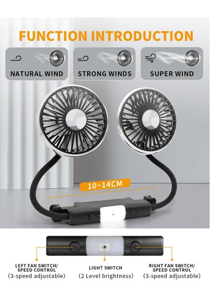 Arka Koltuk Için Araba Fanı, LED Işıklı Çift Başlıklı Hortumlu Araba Koltuğu Fanı, Araba Için Taşınabilir USB Fan, 3 Hızlı Soğutmalı Araba Fanları (Yurt Dışından)
