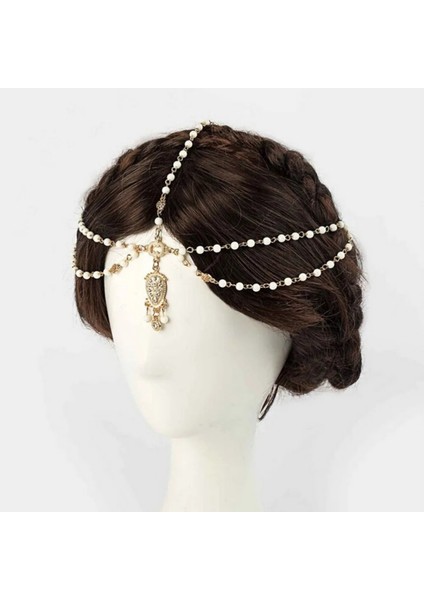 Beyaz Plaj Alaşımlı Kafa Zinciri Saç Takı Püskül Inci Yaprakları Bindi Saç Aksesuarları Hint Boho Kafa Bandı (Yurt Dışından)