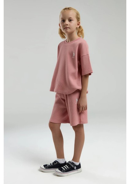 US2065 Retro Pembe Pamuklu Kız Çocuk Kısa Kollu Bermuda Takım
