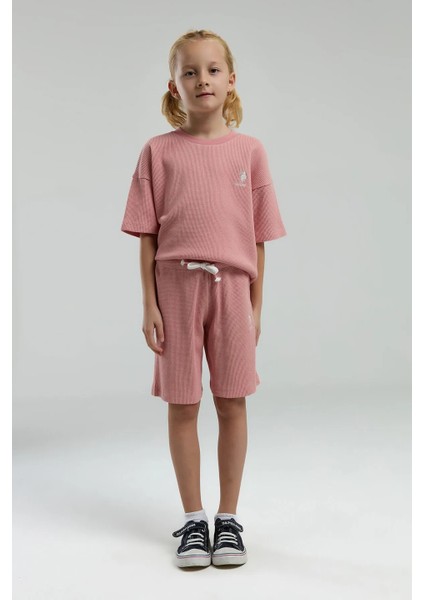 US2065 Retro Pembe Pamuklu Kız Çocuk Kısa Kollu Bermuda Takım fiyatları