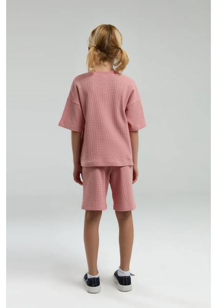 US2065 Retro Pembe Pamuklu Kız Çocuk Kısa Kollu Bermuda Takım modelleri