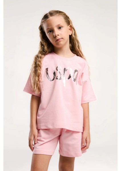 US2082 Somon Pamuklu Kız Çocuk Kısa Kollu Şort Takım