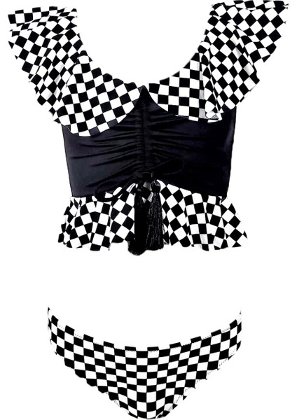 Dama Desenli Fırfırlı Büzgülü Püskül Detaylı UV50 Kız Çocuk Bikini Takımı By Nessi Byrd
