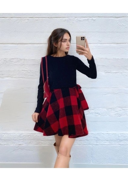 Kadın Uzun Kollu Bisiklet Yaka Üst Viskon Alt Ekose Kısa Elbise