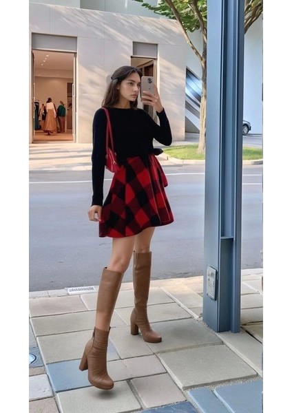 Kadın Uzun Kollu Bisiklet Yaka Üst Viskon Alt Ekose Kısa Elbise fiyatları