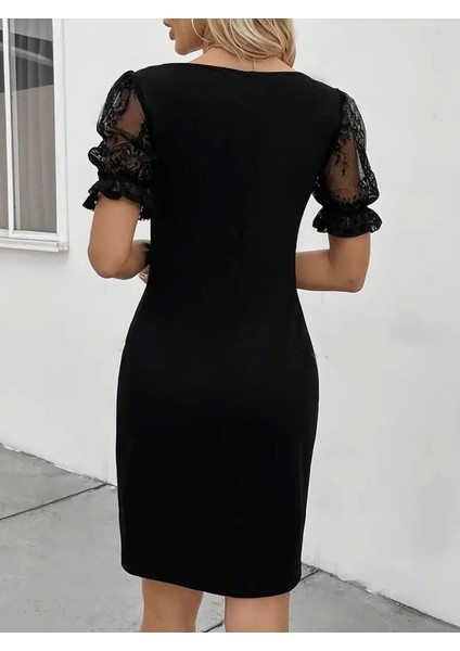 Kadın Kısa Kollu Dantelli V Yakalı Yanlardan Büzgülü Çapraz Detaylı Ithal Krep Elbise fırsatları