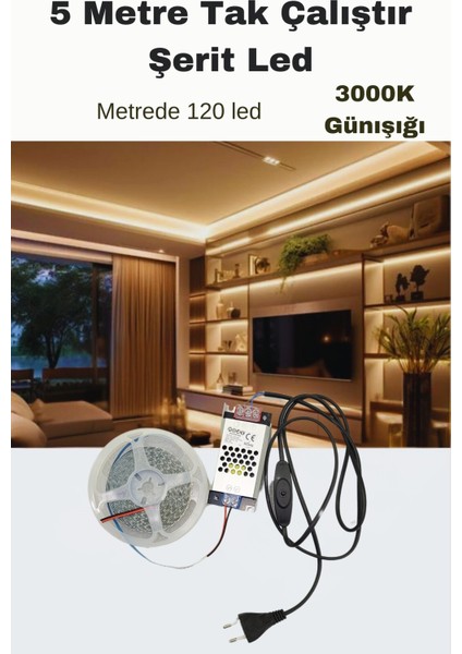 Dolap / Duvar 5 Metre Tak Çalıştır Mt/120 Led Şerit Led - 3000K GÜNIŞIĞI