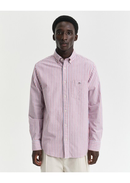 Erkek Kırmızı Regular Fit Düğmeli Yaka Çizgili Gömlek 3250028.630