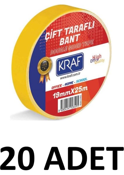 20 Adet 19 mm x 25 Metre Çift Taraflı Bant
