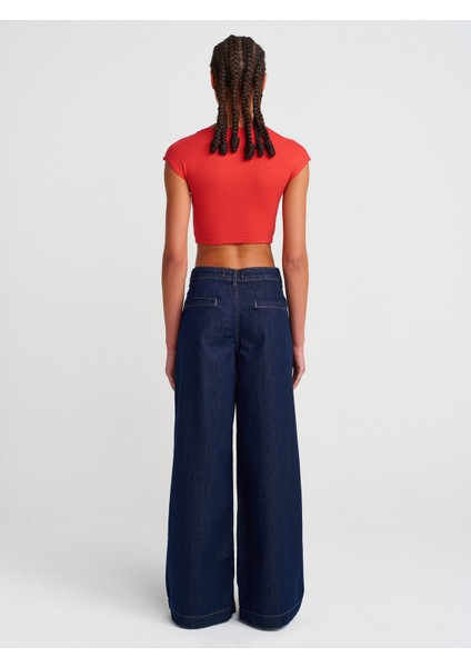 71802 Pileli Geniş Denim Pantolon-Lacivert fiyatları