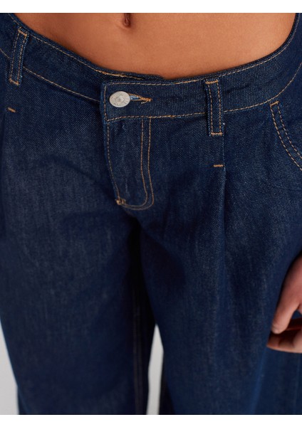71802 Pileli Geniş Denim Pantolon-Lacivert modelleri