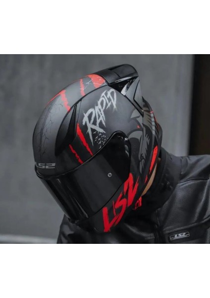 Rapıd 2 Race Raven Mat Siyah-Kırmızı Kapalı Motosiklet Kaskı Siyah Camlı
