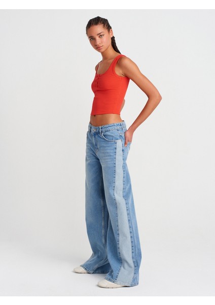 71800 Yan Bölümü Parçalı Geniş Denim Pantolon-Mavi