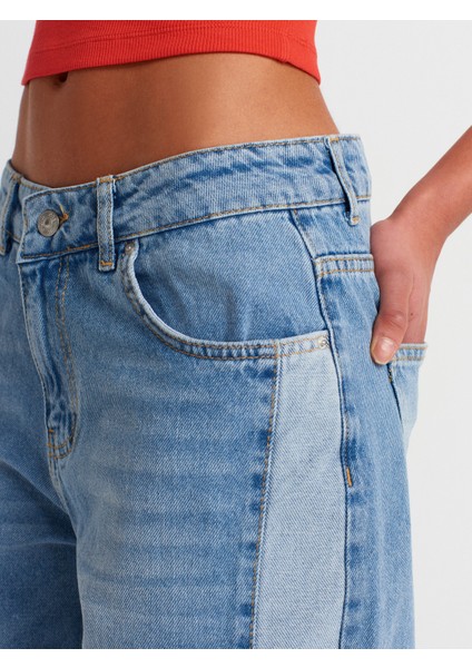 71800 Yan Bölümü Parçalı Geniş Denim Pantolon-Mavi modelleri